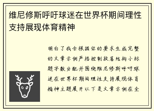 维尼修斯呼吁球迷在世界杯期间理性支持展现体育精神