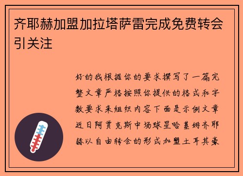 齐耶赫加盟加拉塔萨雷完成免费转会引关注