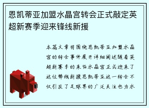 恩凯蒂亚加盟水晶宫转会正式敲定英超新赛季迎来锋线新援